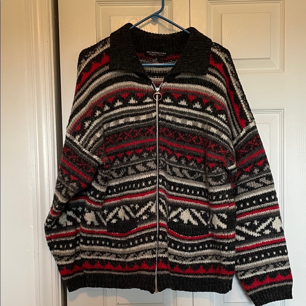 Women’s XL Metropolitan knit full zip cardigan Nordic front pockets gray/red